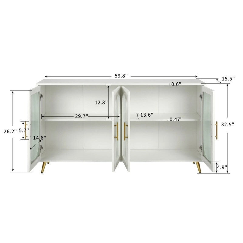 Buffet Mid-Century Modern de 152 cm de large avec portes en verre trempé cannelé et étagères réglables