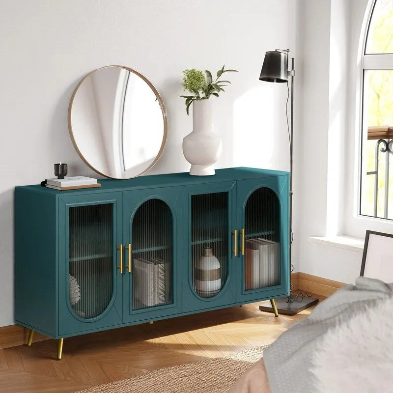 Buffet Mid-Century Modern de 152 cm de large avec portes en verre trempé cannelé et étagères réglables