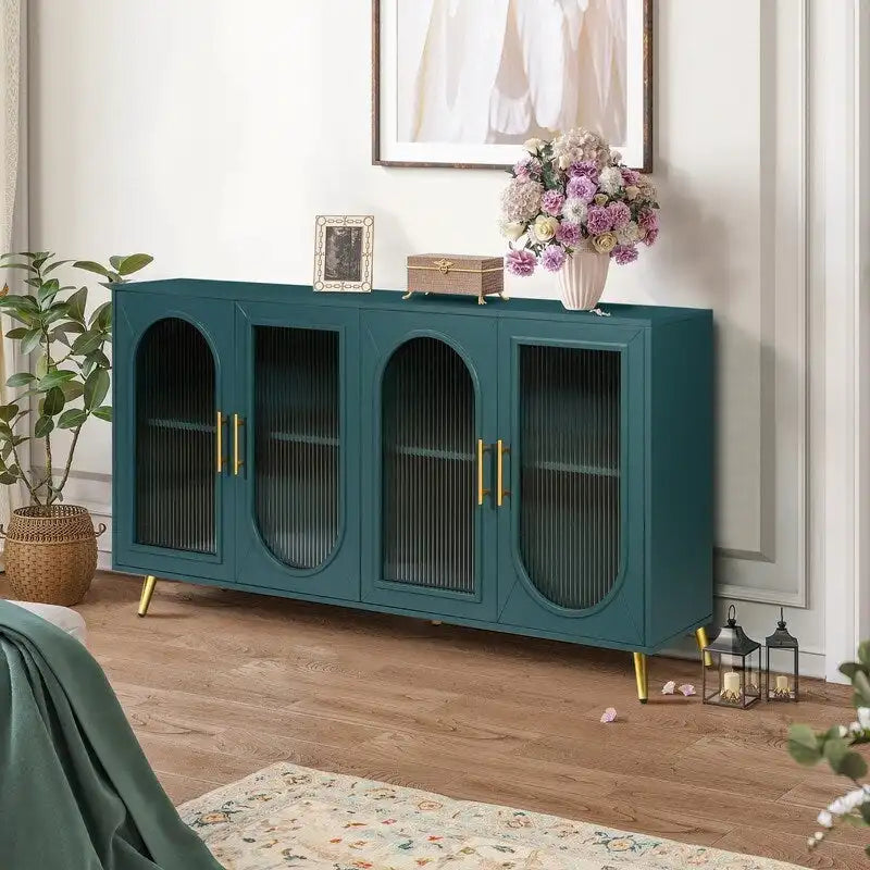 Buffet Mid-Century Modern de 152 cm de large avec portes en verre trempé cannelé et étagères réglables
