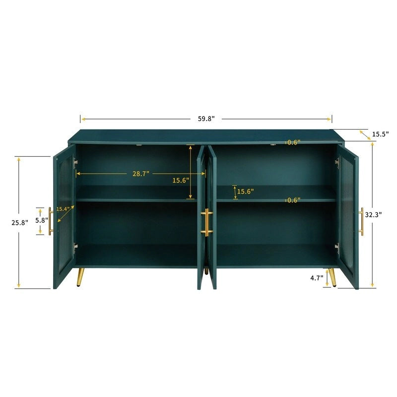 Buffet Mid-Century Modern de 152 cm de large avec portes en verre trempé cannelé et étagères réglables