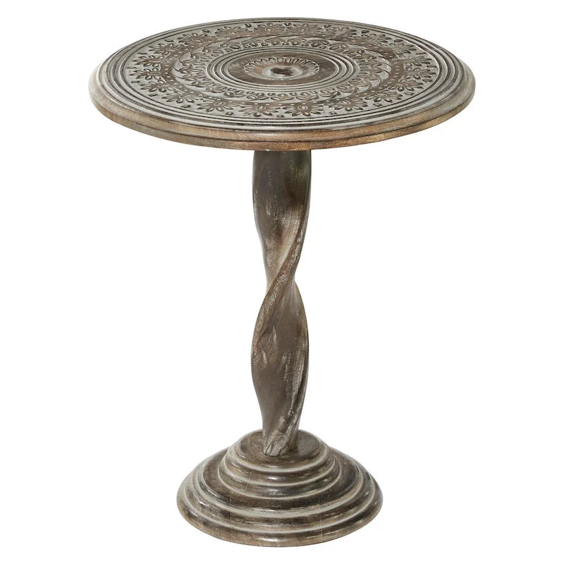 Table d'appoint en manguier sculptée de motifs floraux avec pied torsadé et finition vieillie grise - Marron