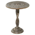 Table d'appoint en manguier sculptée de motifs floraux avec pied torsadé et finition vieillie grise - Marron