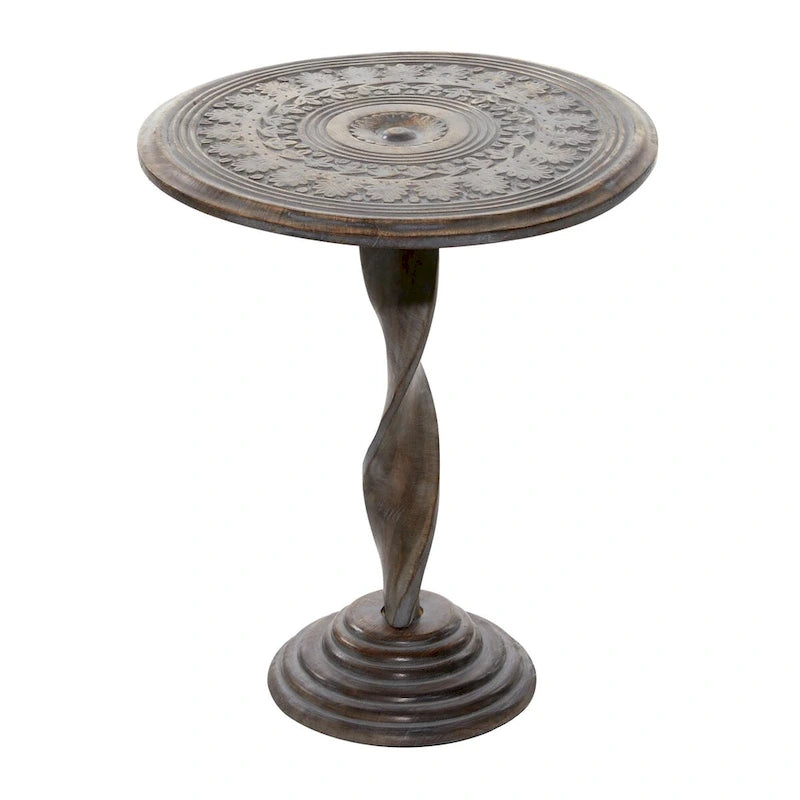 Table d'appoint en manguier sculptée de motifs floraux avec pied torsadé et finition vieillie grise - Marron
