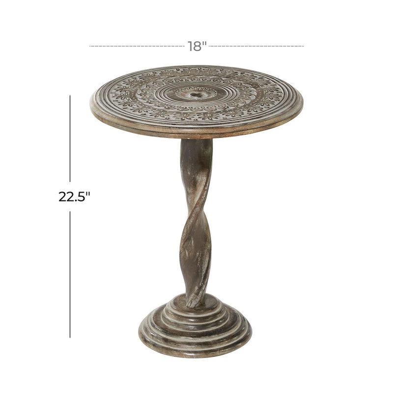Table d'appoint en manguier sculptée de motifs floraux avec pied torsadé et finition vieillie grise - Marron