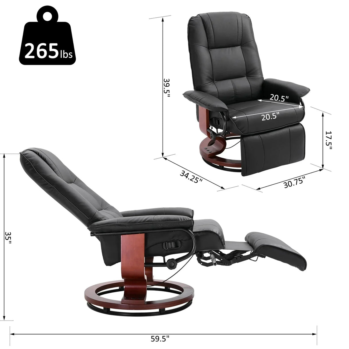 Fauteuil inclinable HomCom en similicuir avec base pivotante manuelle réglable et repose-pieds confortable et relaxant